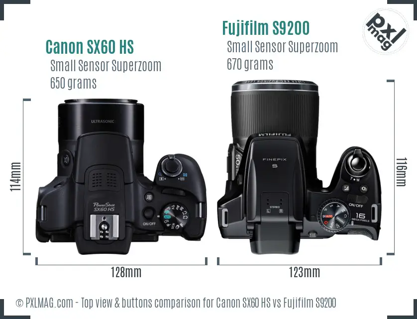 Canon SX60 HS vs Fujifilm S9200 top view buttons comparison