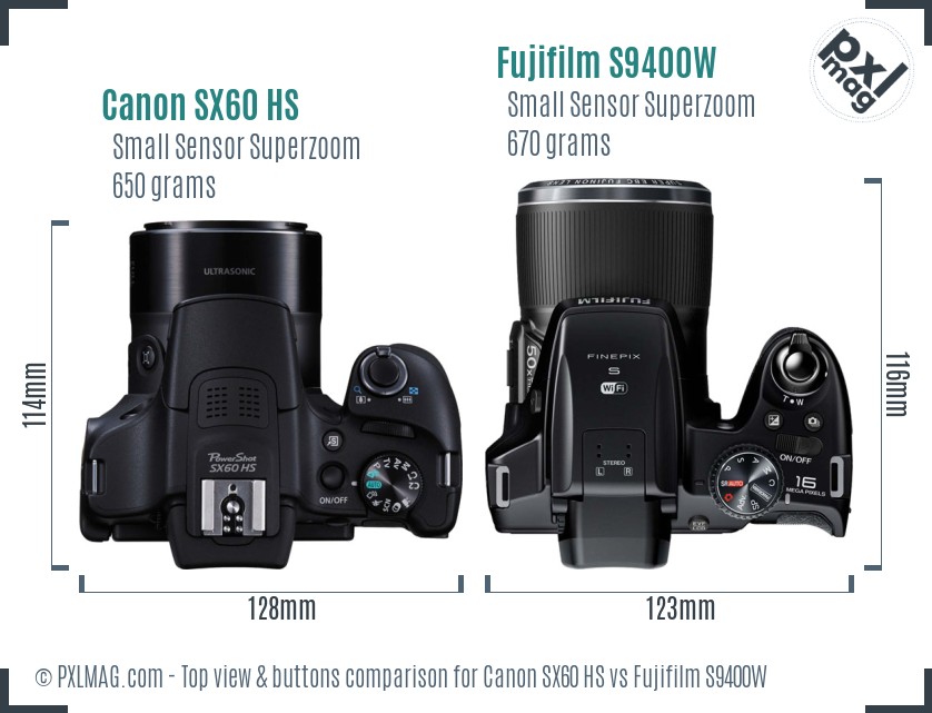 Canon SX60 HS vs Fujifilm S9400W top view buttons comparison