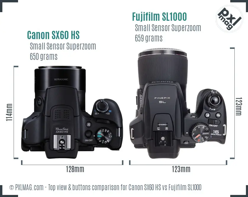 Canon SX60 HS vs Fujifilm SL1000 top view buttons comparison