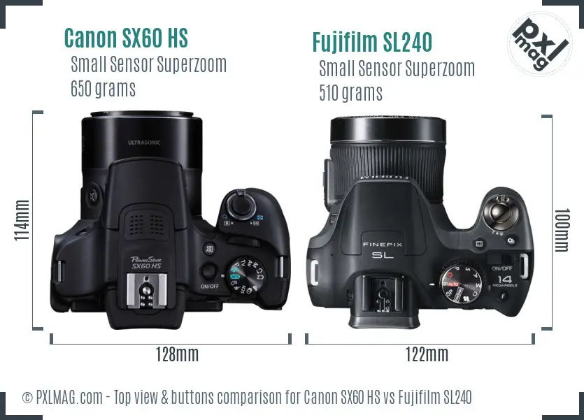 Canon SX60 HS vs Fujifilm SL240 top view buttons comparison