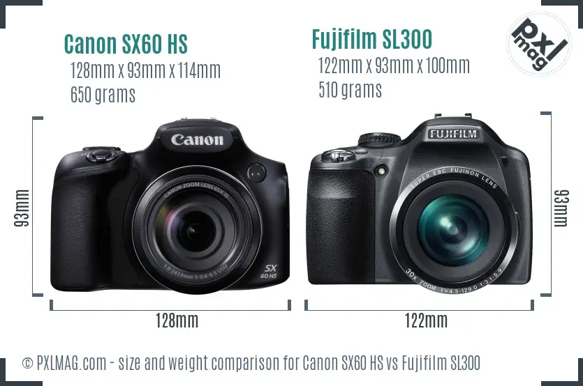 Canon SX60 HS vs Fujifilm SL300 size comparison