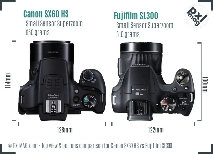 Canon SX60 HS vs Fujifilm SL300 top view buttons comparison