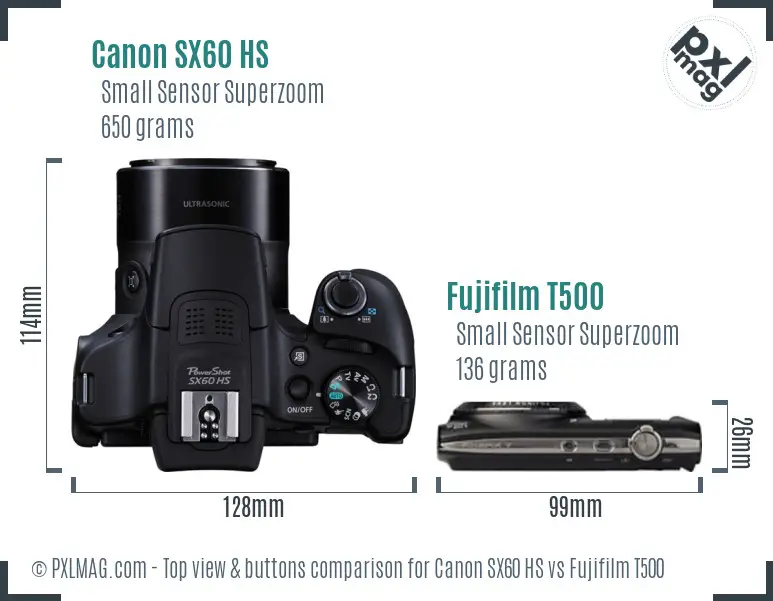 Canon SX60 HS vs Fujifilm T500 top view buttons comparison Canon SX60 HS vs Fujifilm T500 top view buttons comparison