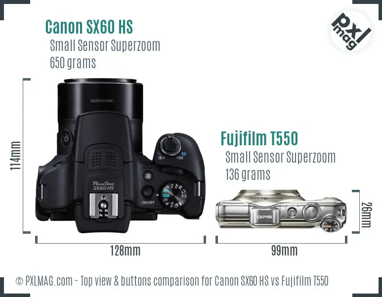 Canon SX60 HS vs Fujifilm T550 top view buttons comparison