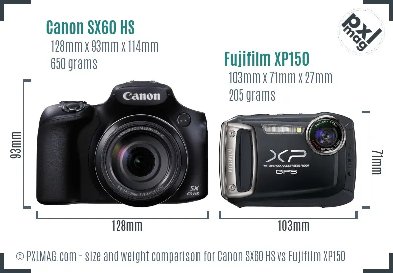 Canon SX60 HS vs Fujifilm XP150 size comparison