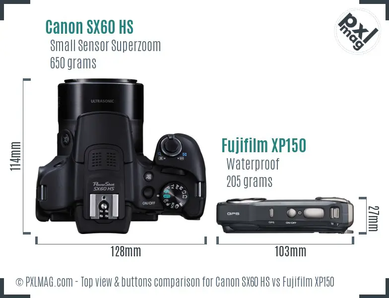 Canon SX60 HS vs Fujifilm XP150 top view buttons comparison
