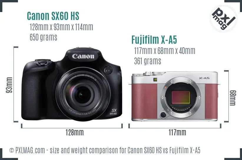 Canon SX60 HS vs Fujifilm X-A5 size comparison