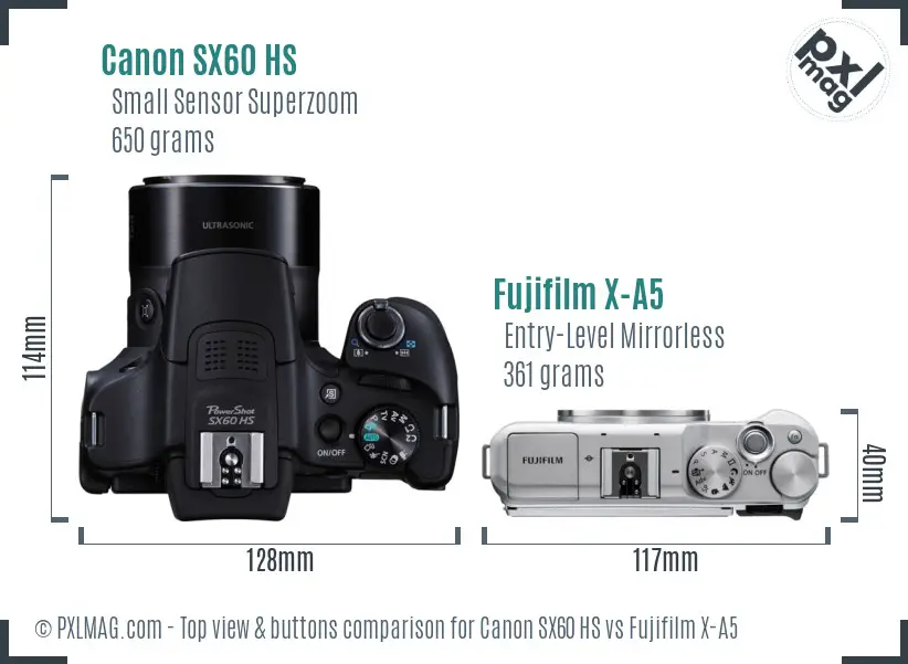 Canon SX60 HS vs Fujifilm X-A5 top view buttons comparison