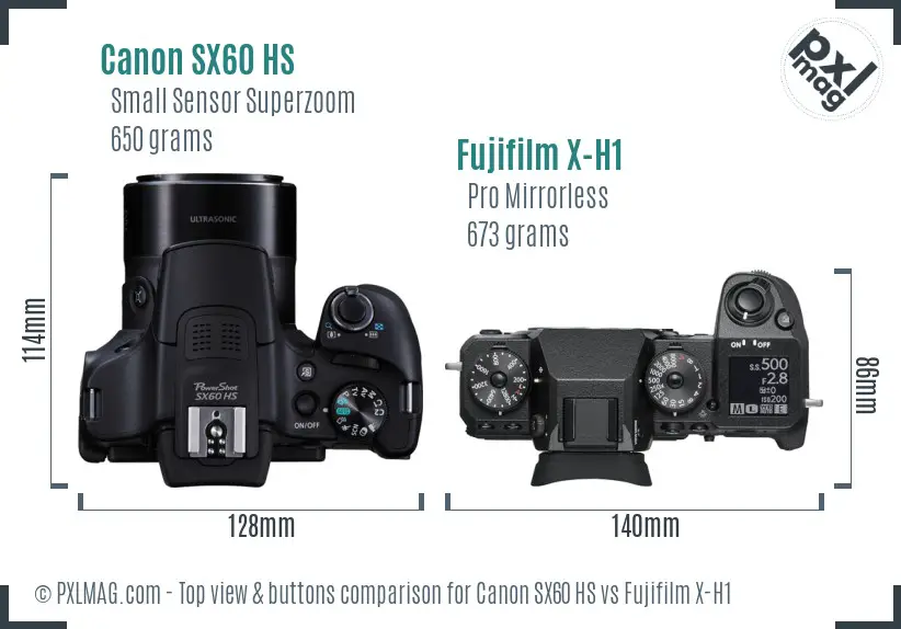Canon SX60 HS vs Fujifilm X-H1 top view buttons comparison Canon SX60 HS vs Fujifilm X-H1 top view buttons comparison