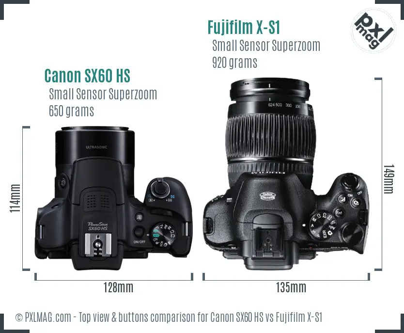 Canon SX60 HS vs Fujifilm X-S1 top view buttons comparison