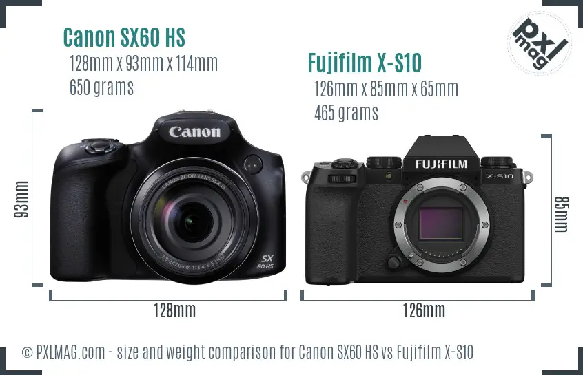 Canon SX60 HS vs Fujifilm X-S10 size comparison Canon SX60 HS vs Fujifilm X-S10 size comparison