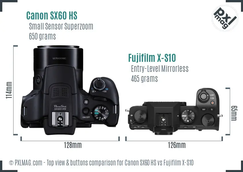 Canon SX60 HS vs Fujifilm X-S10 top view buttons comparison