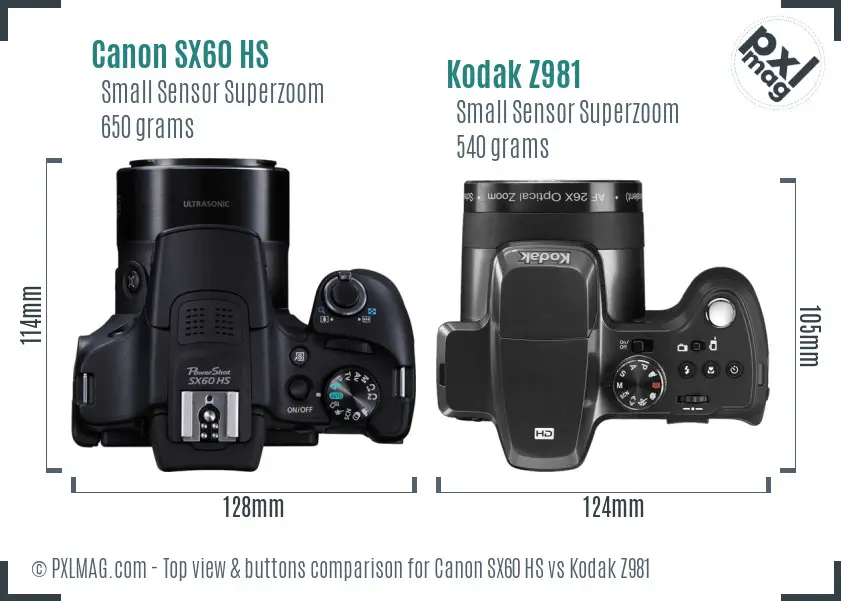 Canon SX60 HS vs Kodak Z981 top view buttons comparison
