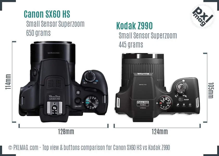 Canon SX60 HS vs Kodak Z990 top view buttons comparison