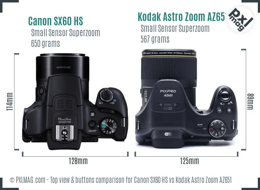 Canon SX60 HS vs Kodak Astro Zoom AZ651 top view buttons comparison