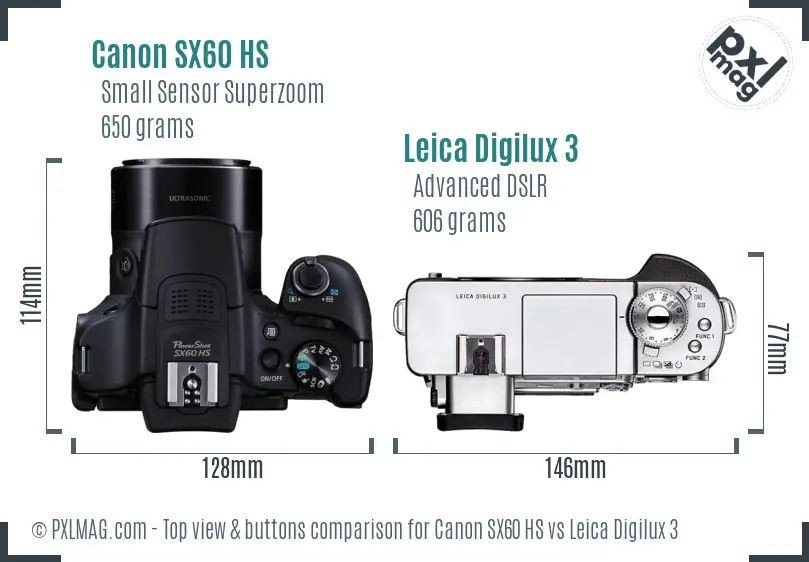 Canon SX60 HS vs Leica Digilux 3 top view buttons comparison