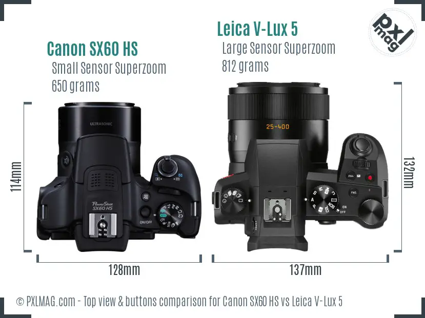 Canon SX60 HS vs Leica V-Lux 5 top view buttons comparison Canon SX60 HS vs Leica V-Lux 5 top view buttons comparison