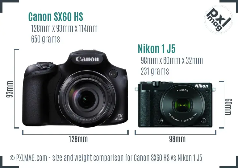 Canon SX60 HS vs Nikon 1 J5 size comparison