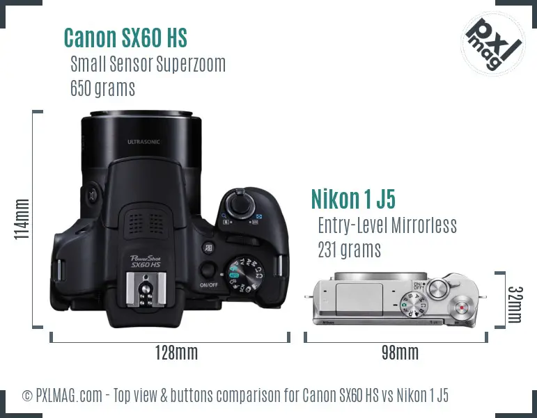 Canon SX60 HS vs Nikon 1 J5 top view buttons comparison