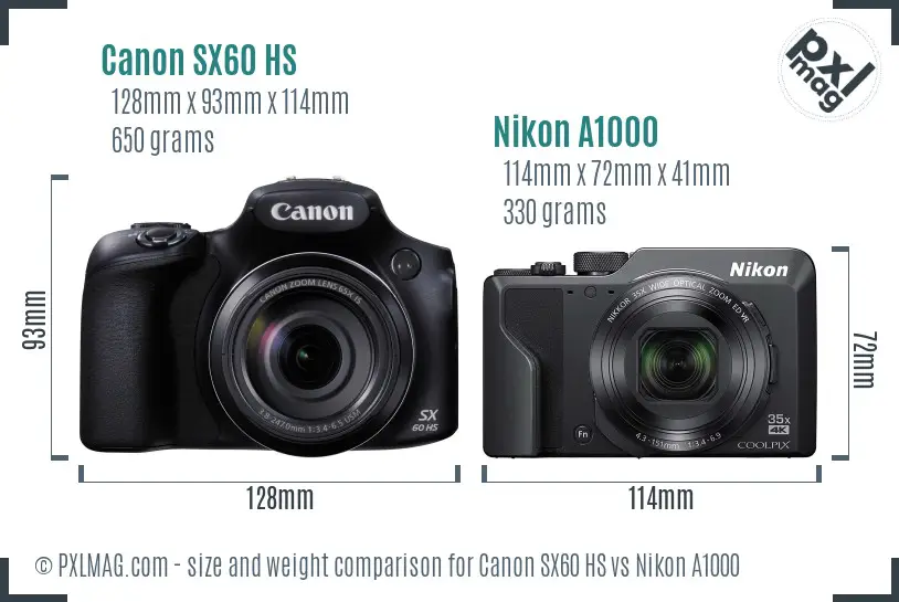 Canon SX60 HS vs Nikon A1000 size comparison