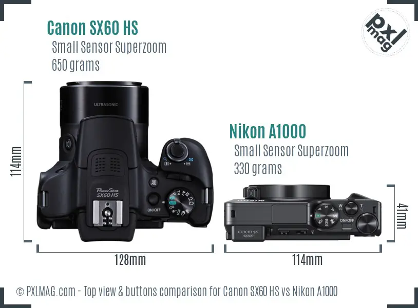 Canon SX60 HS vs Nikon A1000 top view buttons comparison