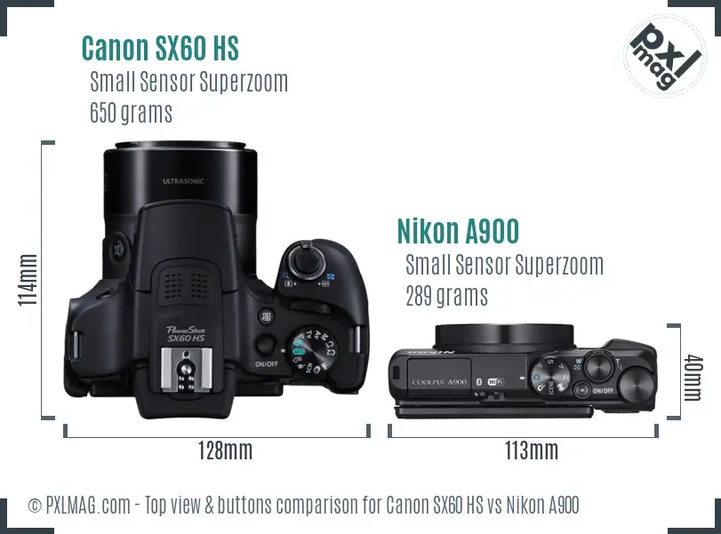 Canon SX60 HS vs Nikon A900 top view buttons comparison