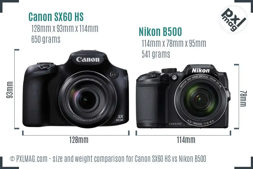 Canon SX60 HS vs Nikon B500 size comparison