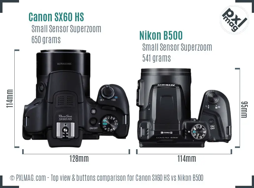 Canon SX60 HS vs Nikon B500 top view buttons comparison
