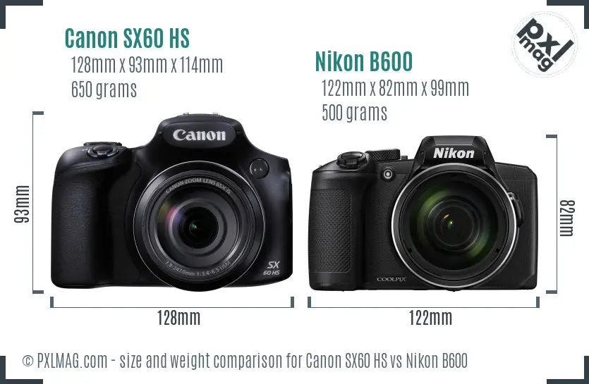 Canon SX60 HS vs Nikon B600 size comparison