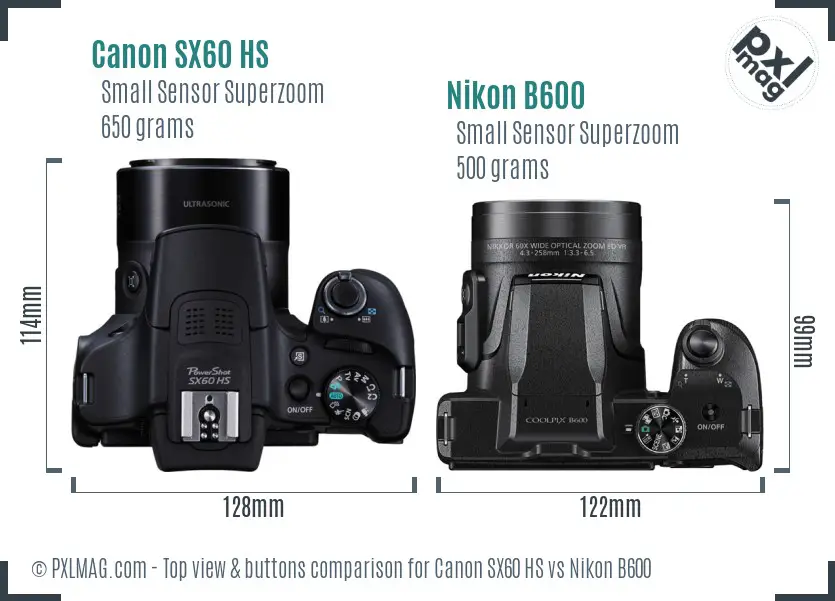 Canon SX60 HS vs Nikon B600 top view buttons comparison
