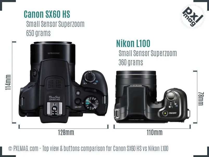 Canon SX60 HS vs Nikon L100 top view buttons comparison