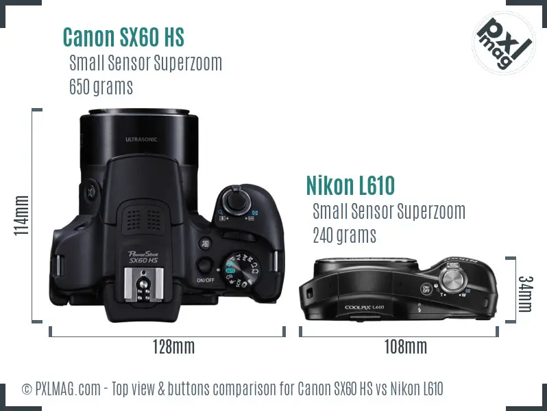 Canon SX60 HS vs Nikon L610 top view buttons comparison