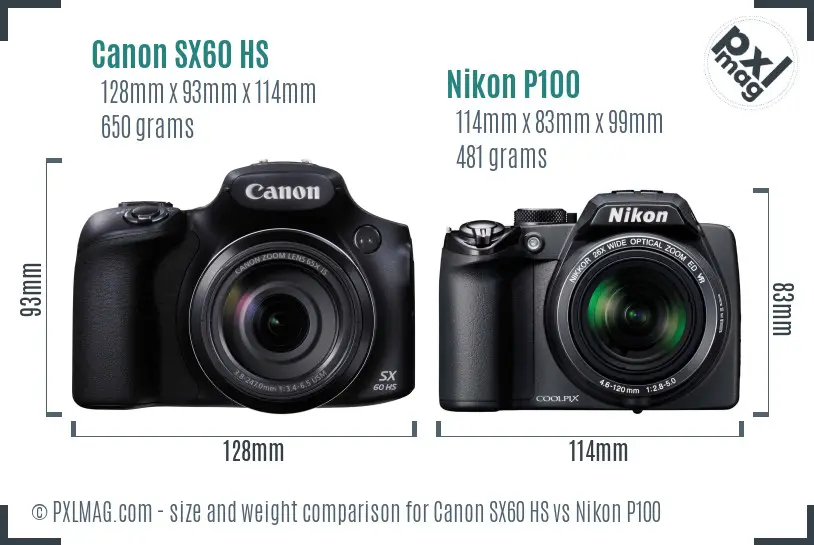 Canon SX60 HS vs Nikon P100 size comparison