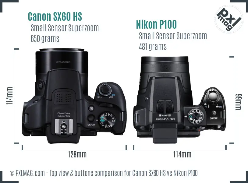 Canon SX60 HS vs Nikon P100 top view buttons comparison