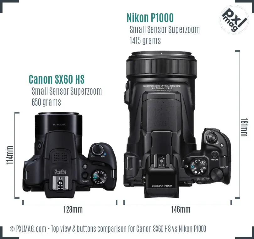 Canon SX60 HS vs Nikon P1000 top view buttons comparison