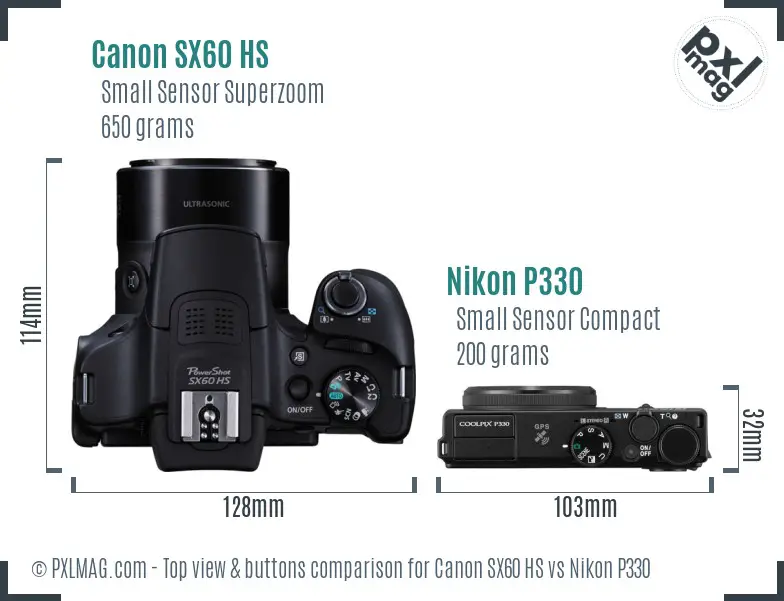Canon SX60 HS vs Nikon P330 top view buttons comparison