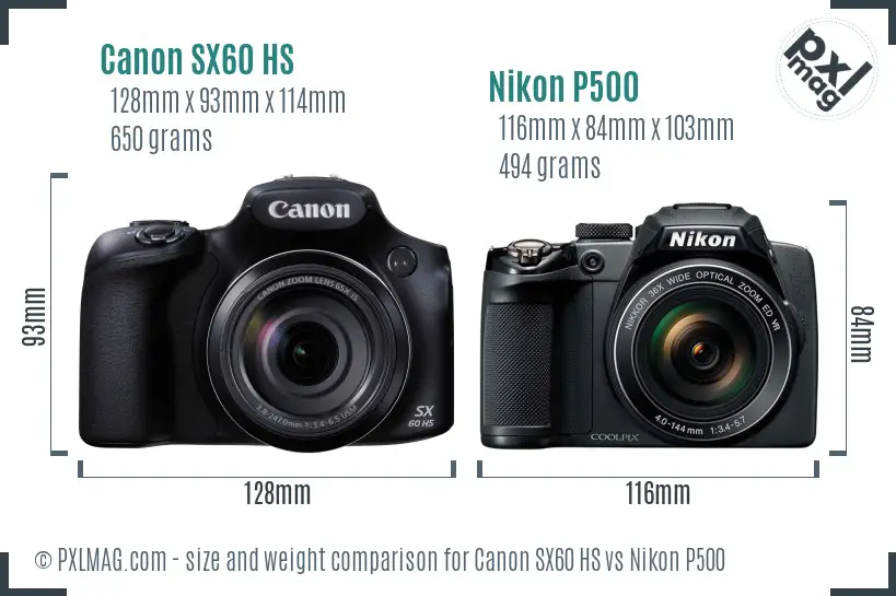 Canon SX60 HS vs Nikon P500 size comparison