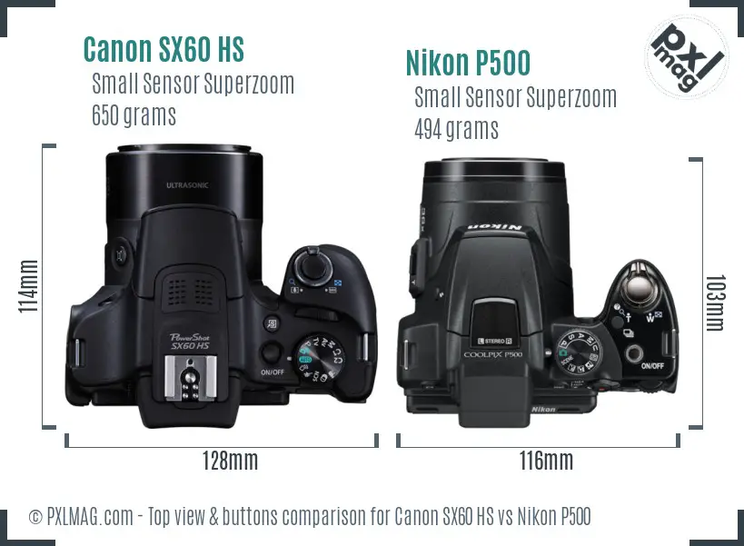 Canon SX60 HS vs Nikon P500 top view buttons comparison