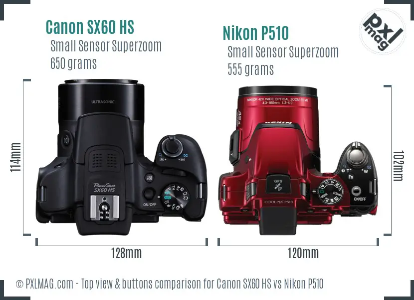Canon SX60 HS vs Nikon P510 top view buttons comparison