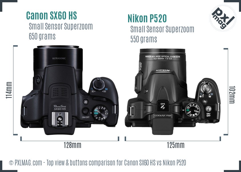 Canon SX60 HS vs Nikon P520 top view buttons comparison