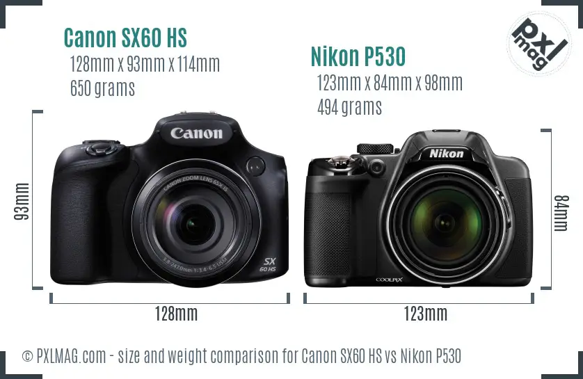 Canon SX60 HS vs Nikon P530 size comparison