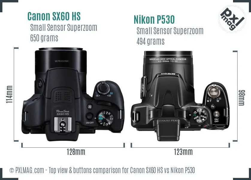 Canon SX60 HS vs Nikon P530 top view buttons comparison