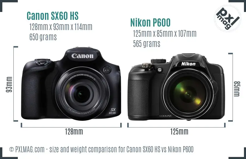 Canon SX60 HS vs Nikon P600 size comparison