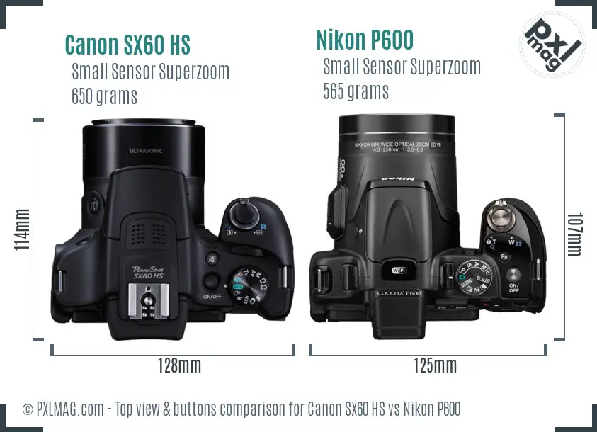 Canon SX60 HS vs Nikon P600 top view buttons comparison