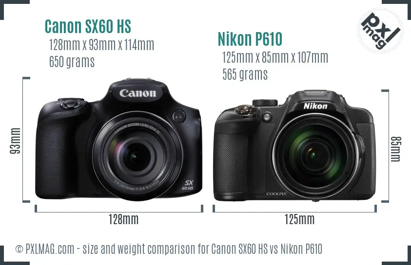 Canon SX60 HS vs Nikon P610 size comparison