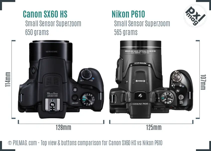 Canon SX60 HS vs Nikon P610 top view buttons comparison