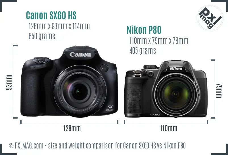 Canon SX60 HS vs Nikon P80 size comparison