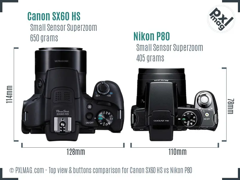 Canon SX60 HS vs Nikon P80 top view buttons comparison