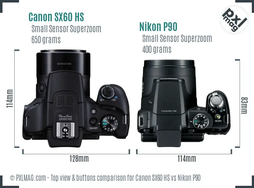 Canon SX60 HS vs Nikon P90 top view buttons comparison