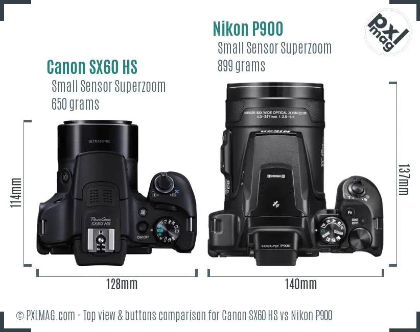 Canon SX60 HS vs Nikon P900 top view buttons comparison